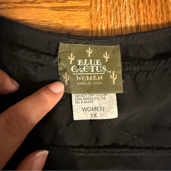 Vintage Blue Cactus Maxi Dress in Black 1X Sleeveless Boho Artwear Double Slit - Picture 5 of 16